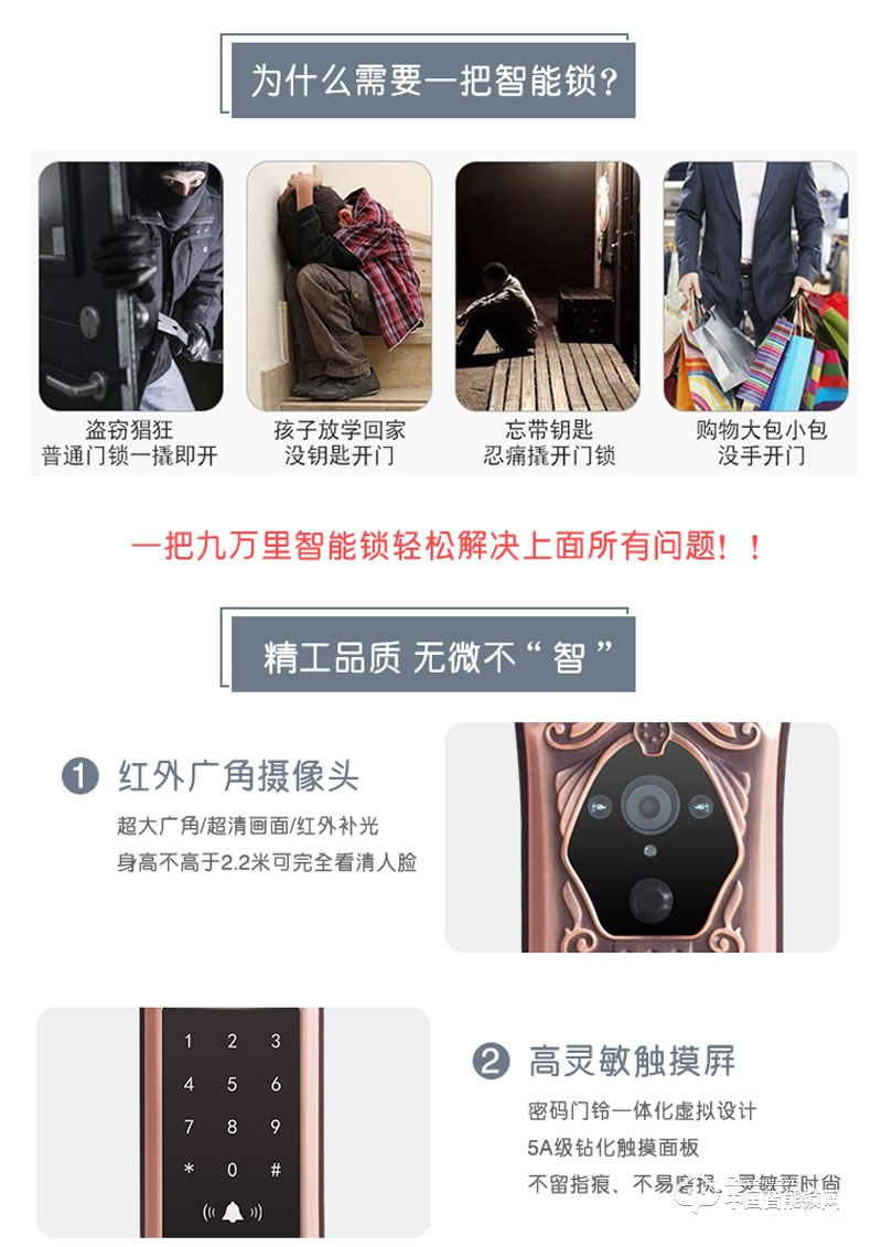 九萬(wàn)里智能鎖C900 歐式古典別墅大門鎖指紋密碼鎖