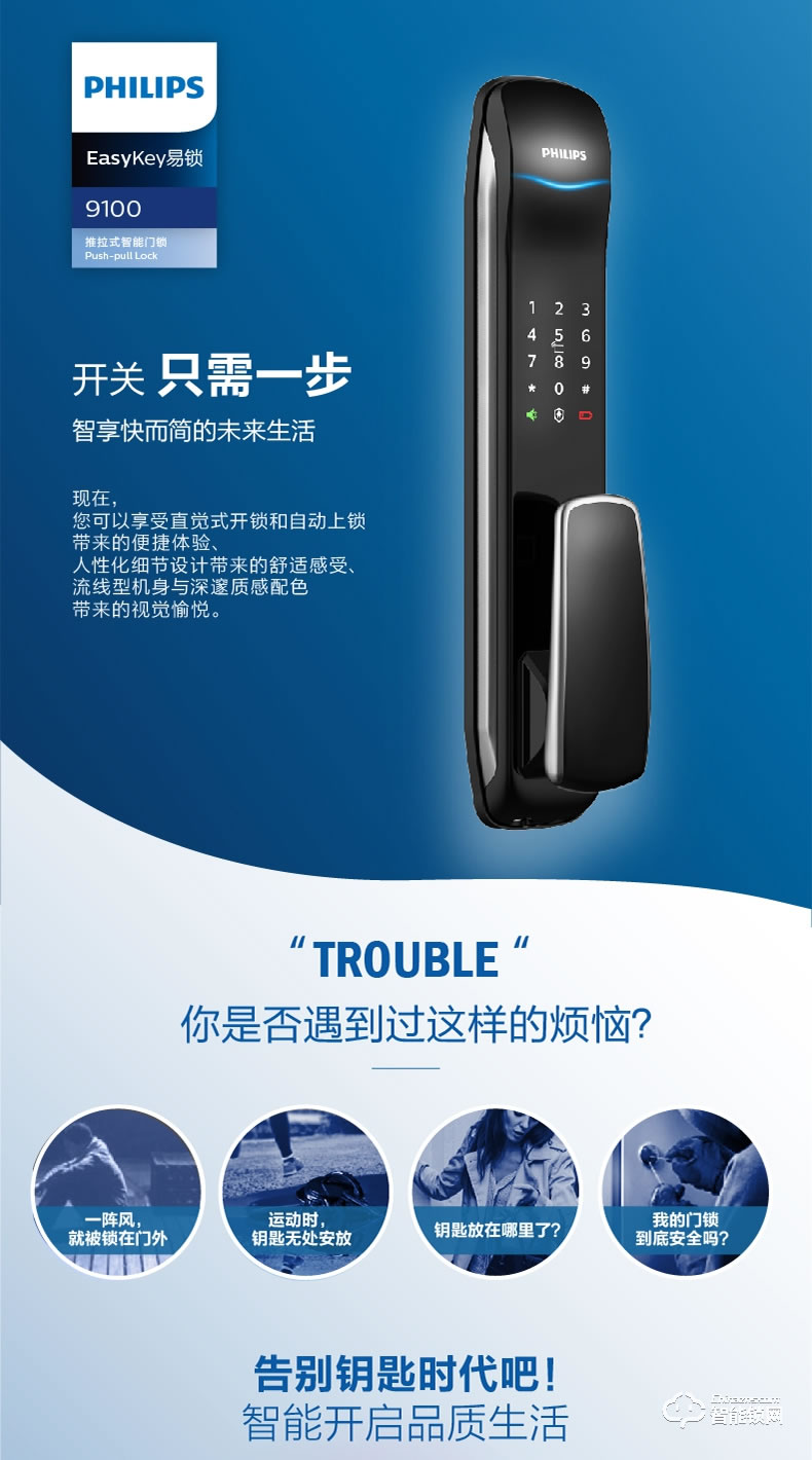 飛利浦智能鎖 9100推拉式家用防盜門指紋密碼鎖