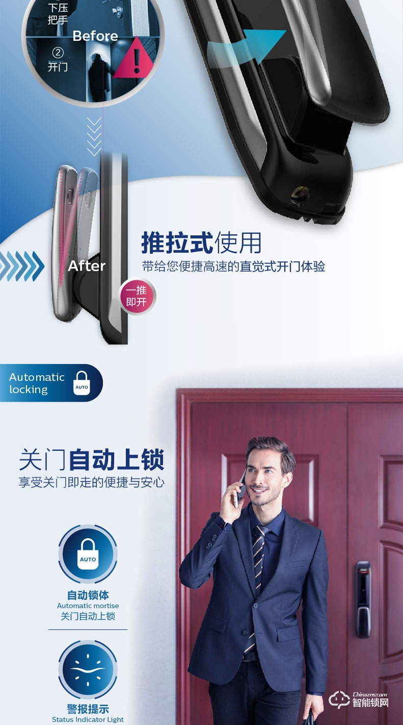 飛利浦智能鎖 9100推拉式家用防盜門指紋密碼鎖