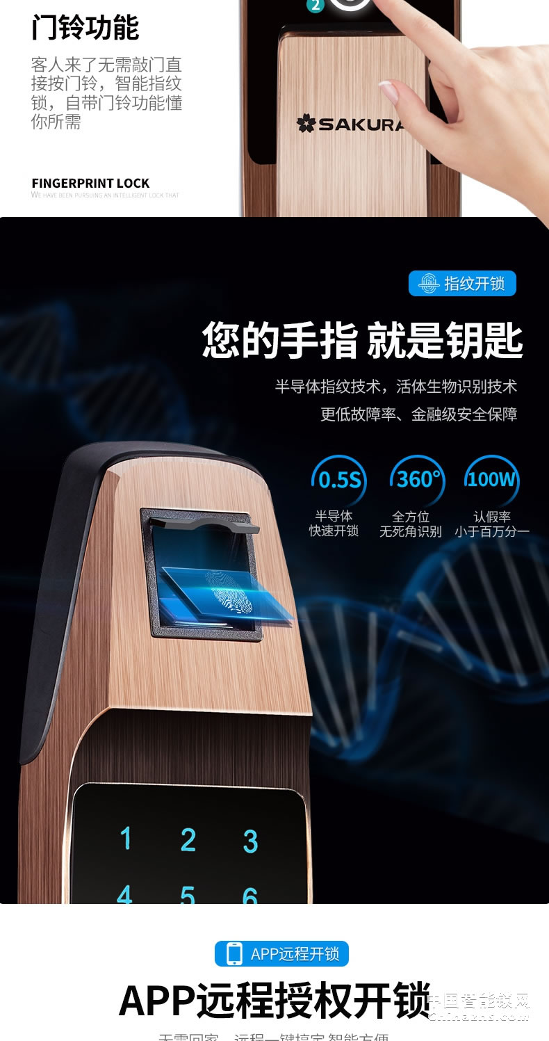 櫻花全自動指紋鎖 家用防盜門智能電子鎖密碼開鎖