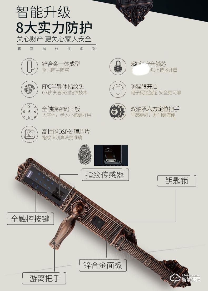 贏冠智能鎖 別墅大門銅門指紋鎖