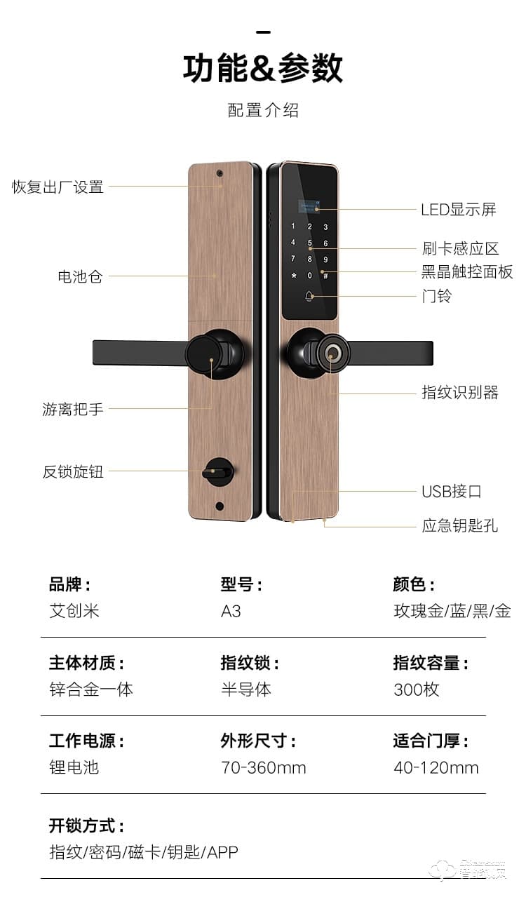 艾創米智能鎖 A3一握開家用防盜門半自動智能鎖