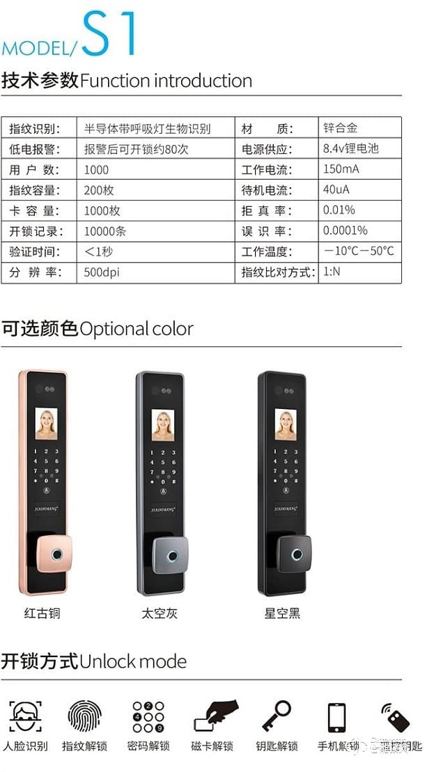 嘉仕邦人臉識(shí)別智能鎖S1  生物識(shí)別 防復(fù)制