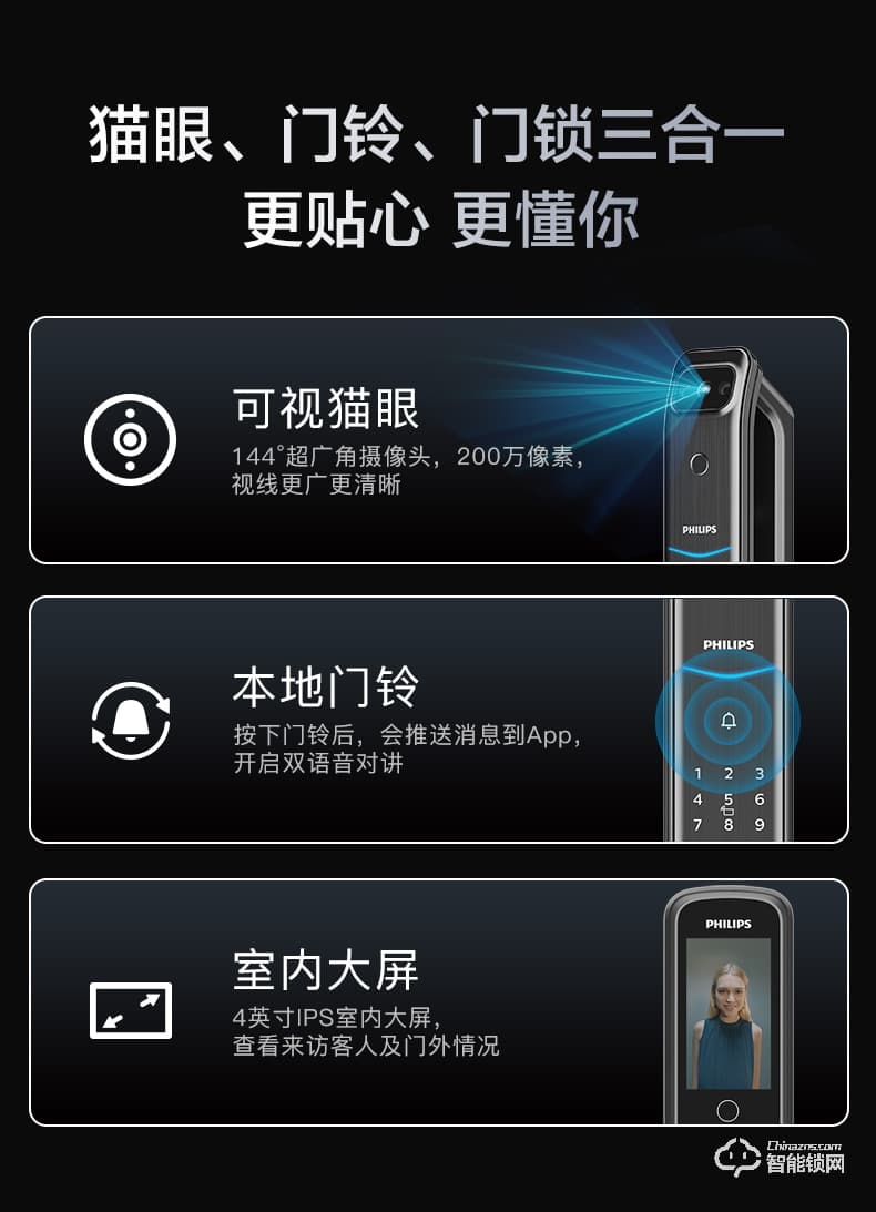 飛利浦智能鎖DDL708-V 貓眼視頻鎖全自動指紋鎖
